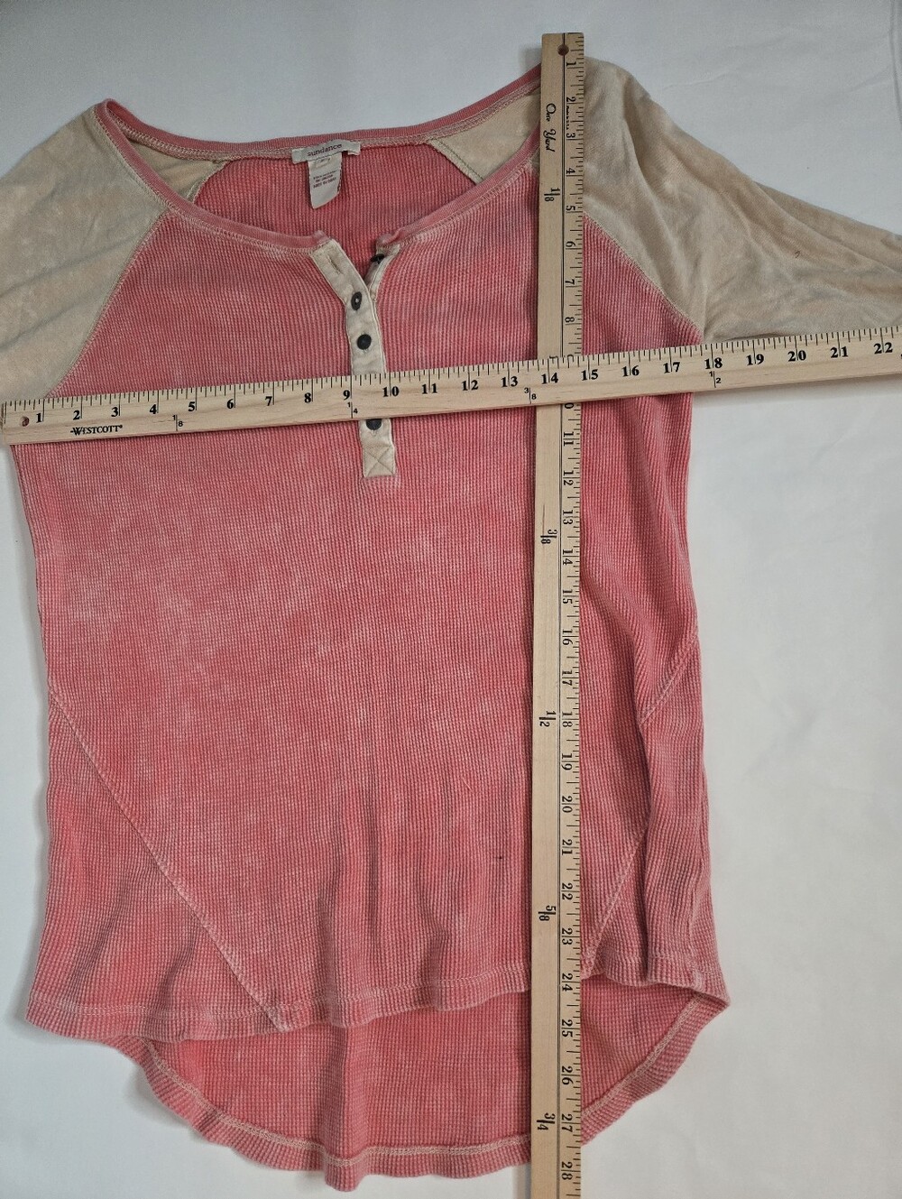 Sundance Coral & Beige Henley Raglan Waffle Embroidered Long Sleeve Top Size S - Picture 6 of 8